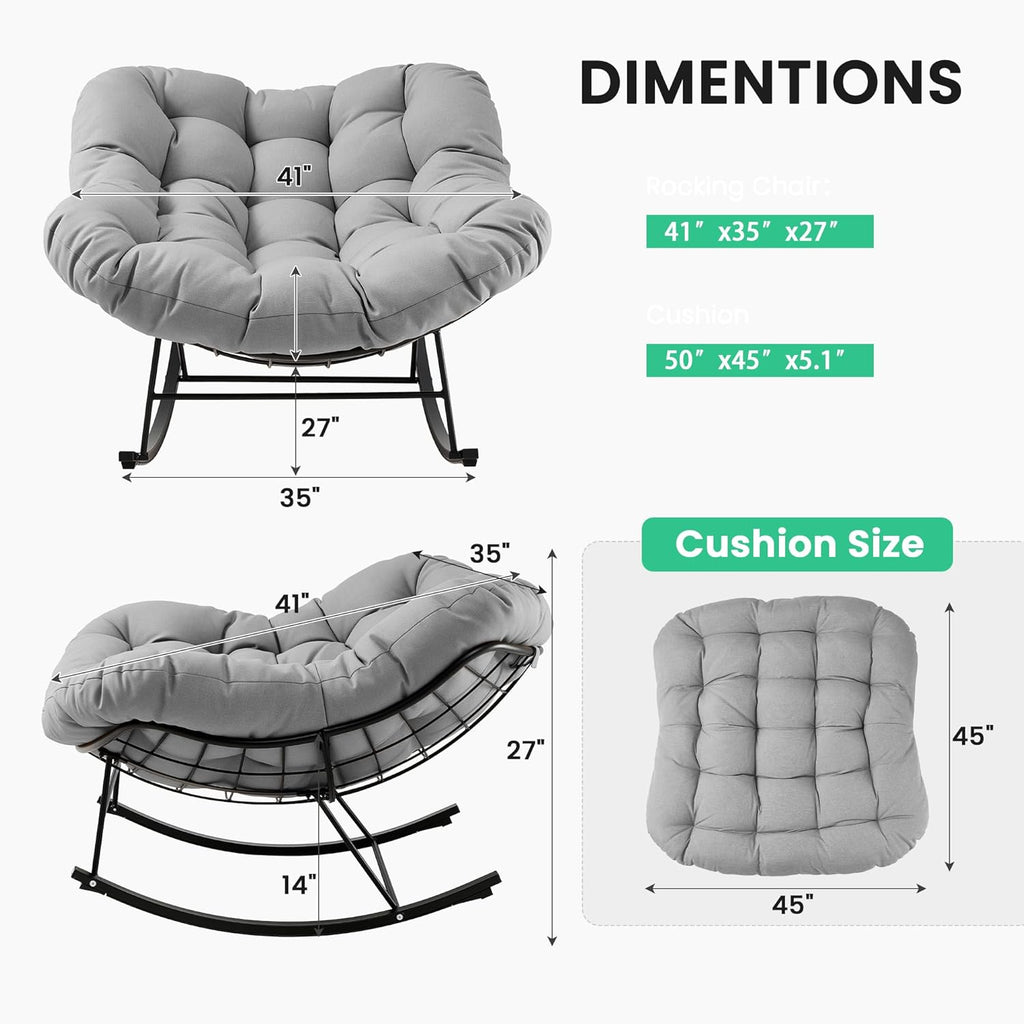JEAREY Outdoor Papasan Rocking Chair, Oversized Patio Rocker, Comfy Egg Chair for Bedroom, Living Room, Garden, Porch, Lawn, Grey