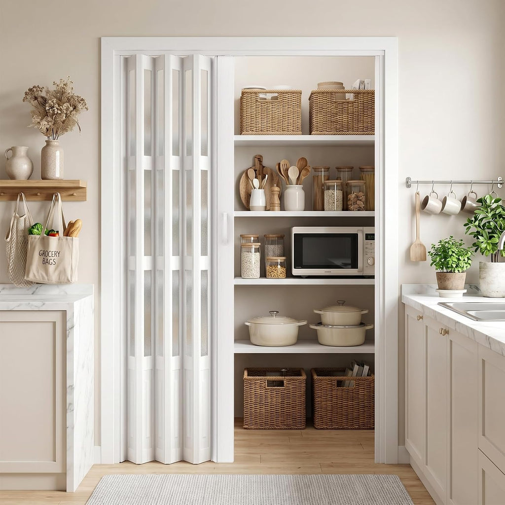 48X80in PVC Accordion Door with Latch&Handle&Hardware Kit, Double-Layer Thickened PVC Folding Interior Door with Frosted Glass - Blocks Views, Lets Light in, Utility&Room Divider (M)