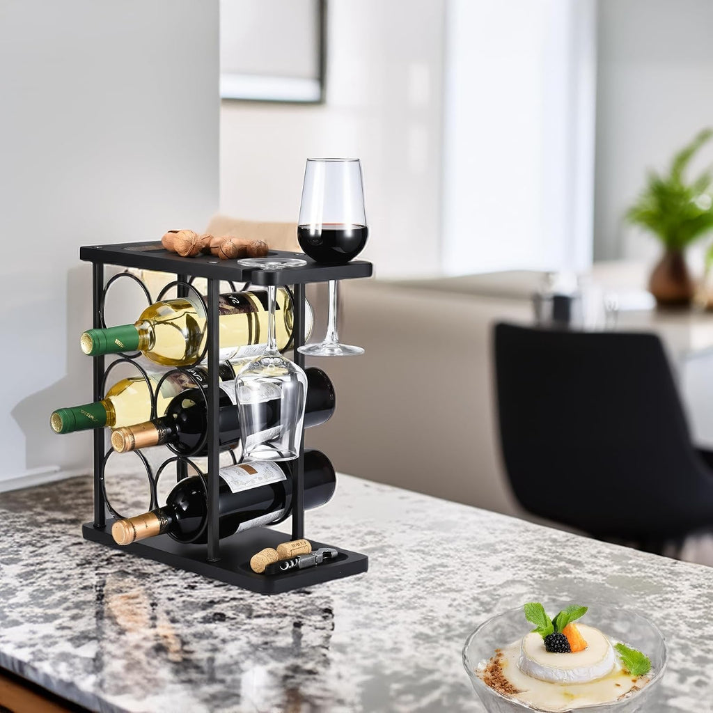 ALLCENER Modern Wine Rack Countertop, Matte Black 6 Bottle Wine Rack with Glass Holder, Metal Wine Holder Stand with Shelf & Corkscrew Tray for Home Bar & Kitchen