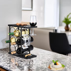 ALLCENER Modern Wine Rack Countertop, Matte Black 6 Bottle Wine Rack with Glass Holder, Metal Wine Holder Stand with Shelf & Corkscrew Tray for Home Bar & Kitchen