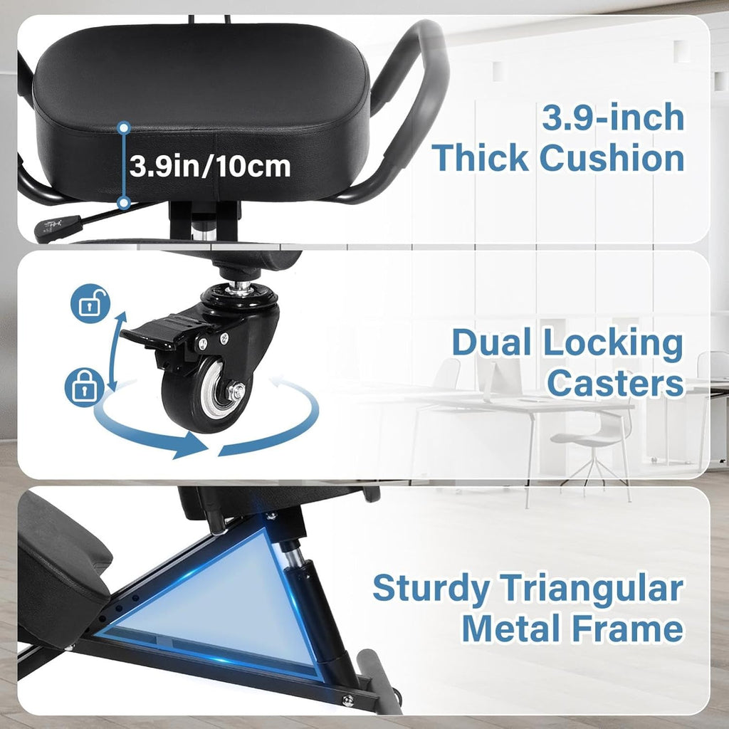 Ergonomic Kneeling Chair Height-Adjustable with Lockable Wheels & Armrests 220 Lbs Capacity Postures Chair with Back Support for Desk Home Meditation Black with Backrest