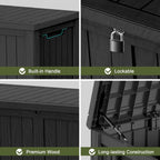 150 Gallon Deck Box Organizer, Doubles as 2-Person Bench Seat, Black Large Resin Outdoor Storage and Seating with Lockable Lid for Garden, Pool, and Patio