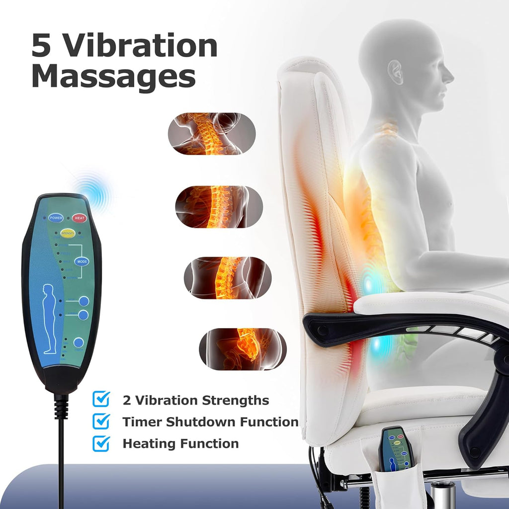 TonghuaS Massage Office Chair with Foot Rest Vibration and Heating, 90-130° Reclining Desk Chair, Ergonomic Reclining Computer Gaming Leather Chair(White)