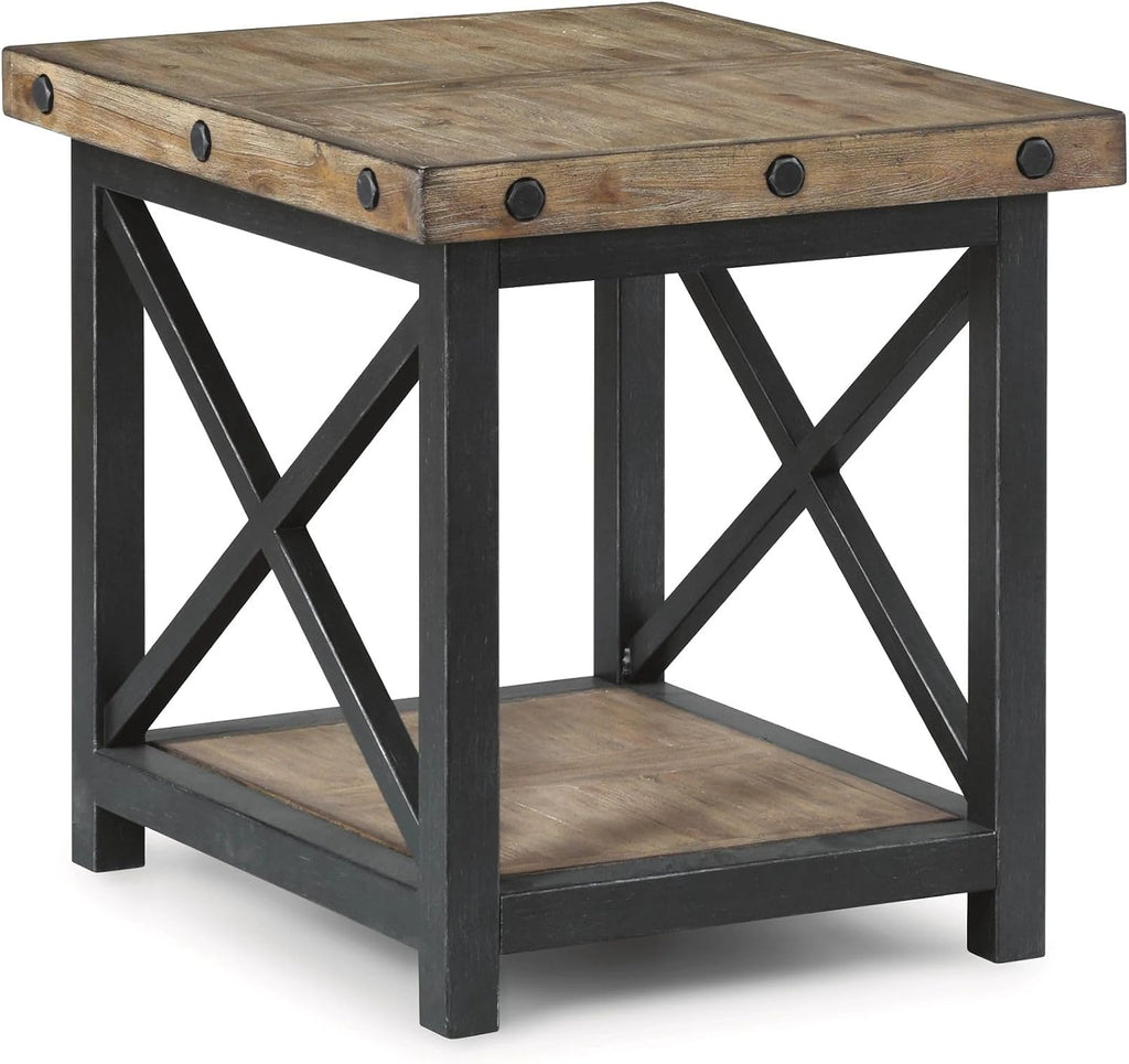 Flexsteel Craftsman Solid Acacia Wood End Table, Rustic Industrial with Lower Shelf, Hand Worked Metal Frame, Distressed Side Table Living Room Furniture, Farmhouse Nightstand (Light Brown)