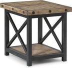 Flexsteel Craftsman Solid Acacia Wood End Table, Rustic Industrial with Lower Shelf, Hand Worked Metal Frame, Distressed Side Table Living Room Furniture, Farmhouse Nightstand (Light Brown)