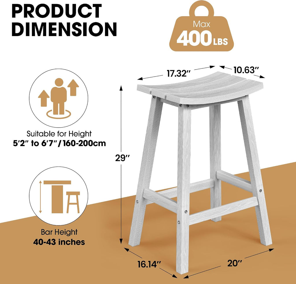 Ciokea 2 Set 29" Outdoor Bar Stools Heavy Duty HDPE Outdoor Stools Waterproof Weatherproof Patio Seats Modern Bar Height Tall BarStools for Bar Deck Balcony Kitchen Yard, White