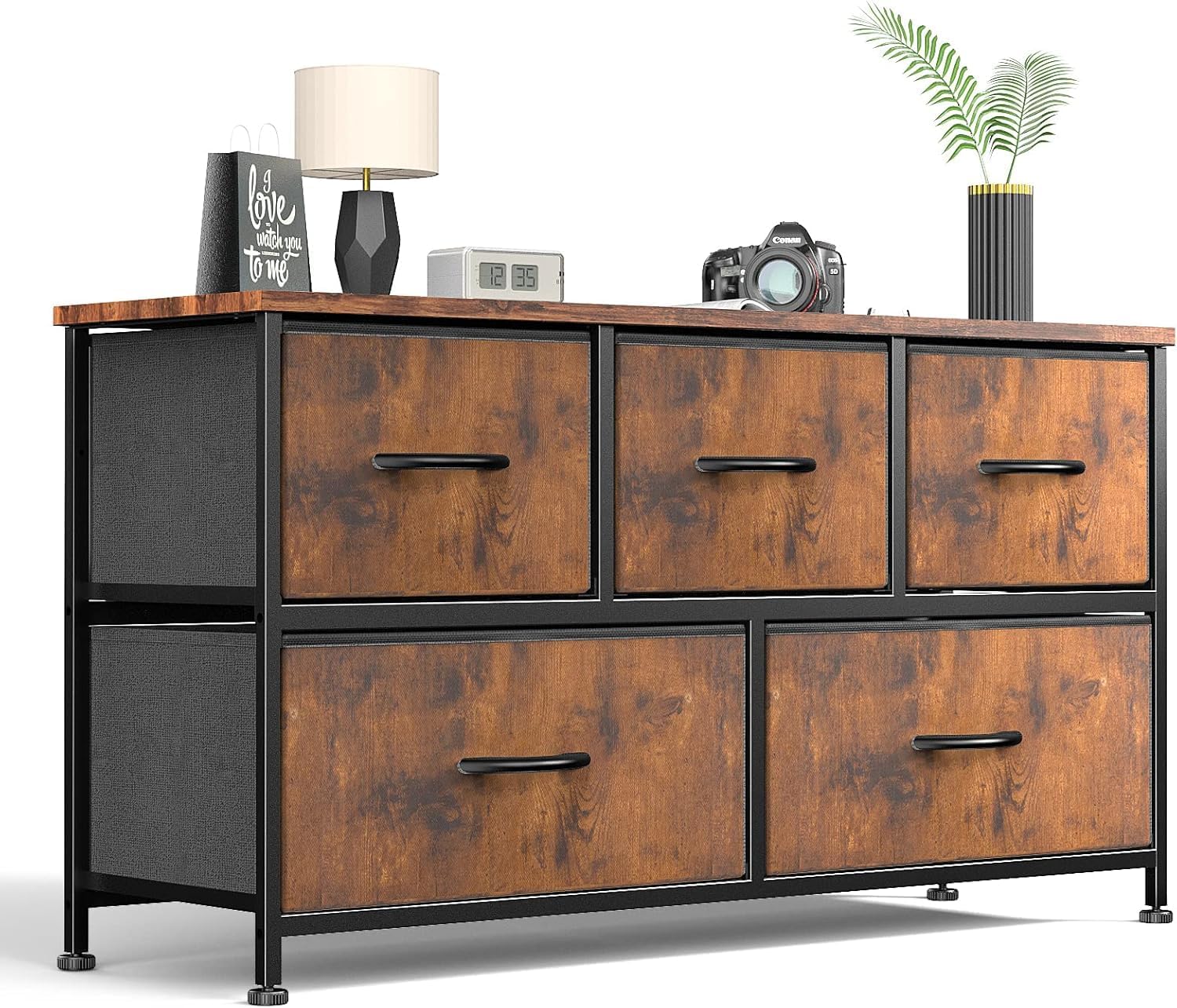 SMUG 5 Drawer Side Table with Tray, Portable Metal Frame with Adjustable Feet, Wood Stand for Office