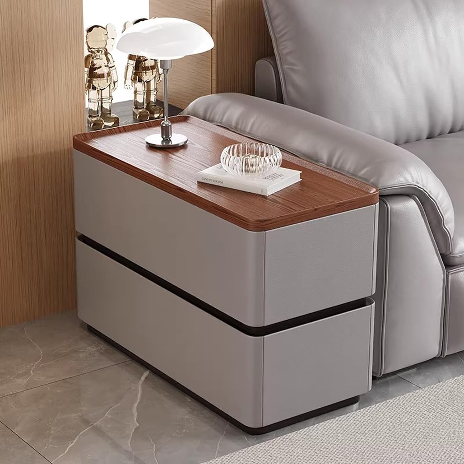 31.5" Modern Narrow Side Table for Sofa Bedside Nightstand with 2 Storage Drawers Solid Wood Frame Leather Wrapped for Living Room Bedroom Office(Gray,80x40cm/31.5x15.7in)
