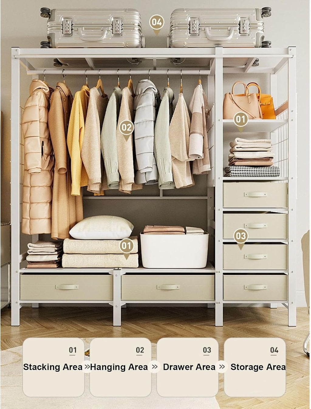 Heavy-Duty Clothes Rack Wardrobe with Curtain Large Walk-in Closet for Bedroom 4 Open Shelves & 6 Drawers Stylish White -Saving Design (168x50x170cm)