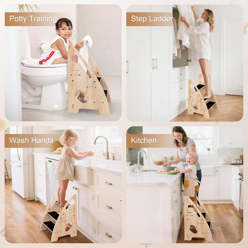Toddler Step Stool, Wooden Height-Adjustable 3-Step Stool for Kids, Potty Training Stool with Handles and Non-Slip Pads for Bathroom Sink, Kitchen, Bedroom