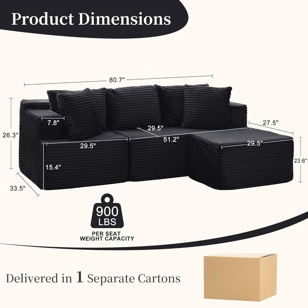 Korser Cloud Modular Sectional Sofa with L-Shaped, Boneless Couches for Living Room, Fluffy Comfy Corduroy Deep Seat with Ottoman, Bedroom, Apartment, No Assembly Required