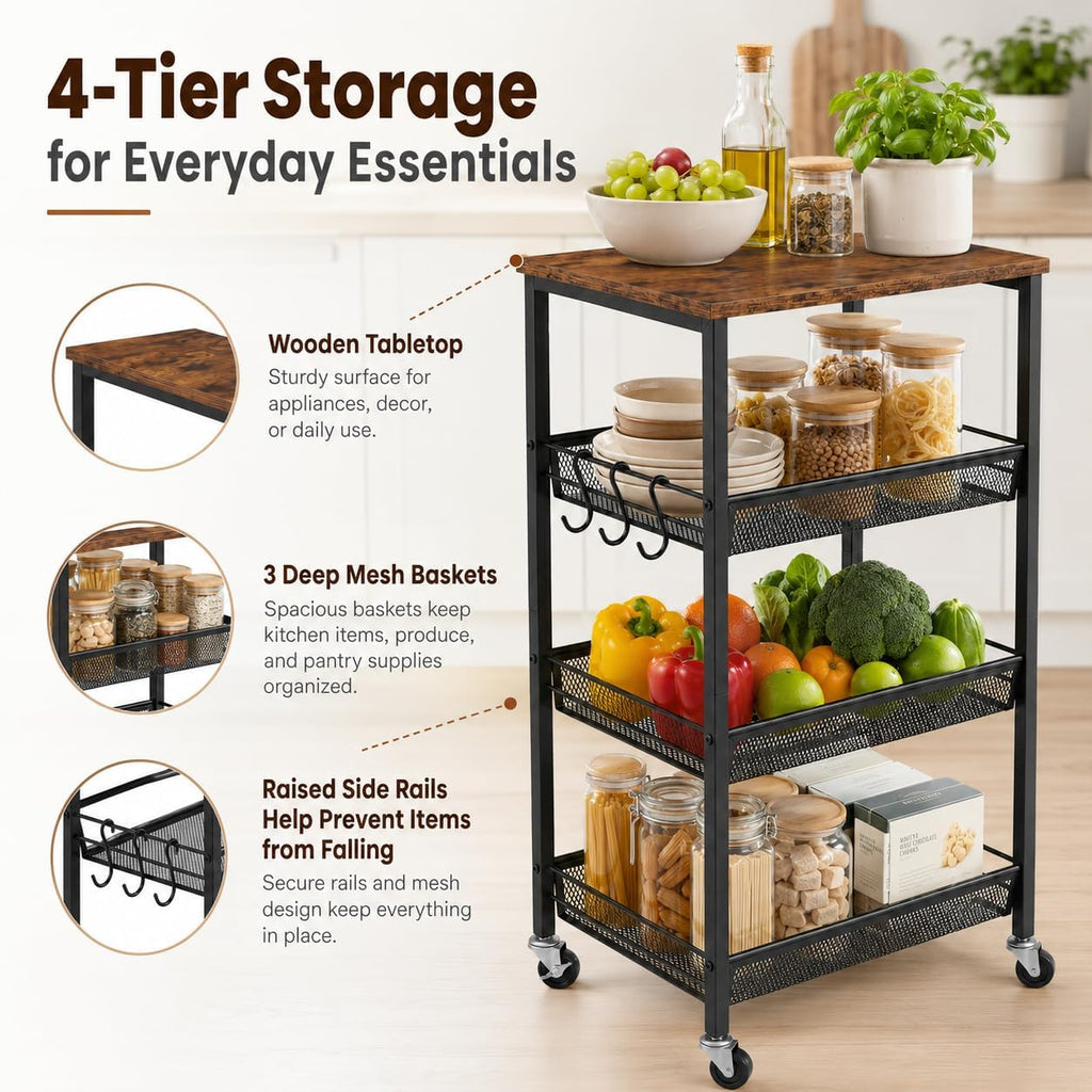 Homleke 4-Tier Rolling Kitchen Storage Cart, Utility Cart with Wooden Tabletop & Metal Baskets, Fruit Vegetable Basket for Kitchen, 3-S Hooks, Rustic Brown and Black