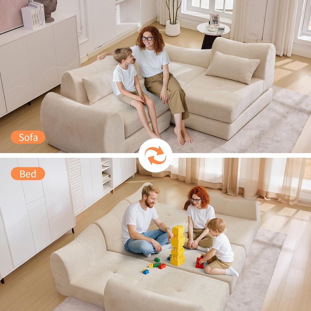102" Modular Sectional Boneless Couch for Living Room, Convertible Cloud Sofa Bed Couches with Upholstered Deep Seat, No Assembly Needed, Ideal for Small Space Apartment Playroom Bedroom Studio Beige | cloud-like comfy