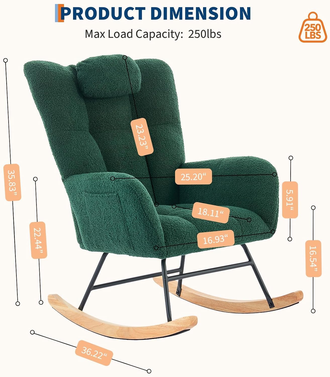 Nursery Rocking Chair, Upholstered Baby Fluffy Glider Rocker, Reading Chair with High Backrest, Comfy Chairs for Living Room, Bedroom, Nursing (Ink Green)