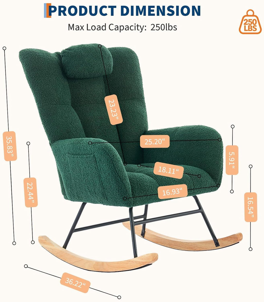 Teddy Glider Rocker, Nursery Nursing Chair for Adults, Compact Space-Saving Rocking Chair for Living Room, Bedroom & Small Spaces,Dark Green