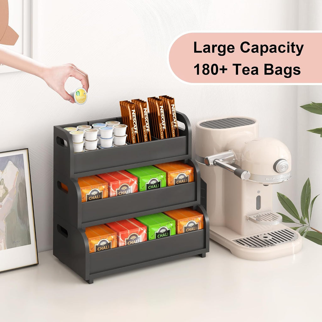 Tea Bag Organizer Storage Holder- Bamboo Countertop Teabag Display Rack 3-Tier Stackable Wall Mount Large Capacity for Pantry Kitchen Office Coffee Station (Black)
