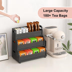 Tea Bag Organizer Storage Holder- Bamboo Countertop Teabag Display Rack 3-Tier Stackable Wall Mount Large Capacity for Pantry Kitchen Office Coffee Station (Black)