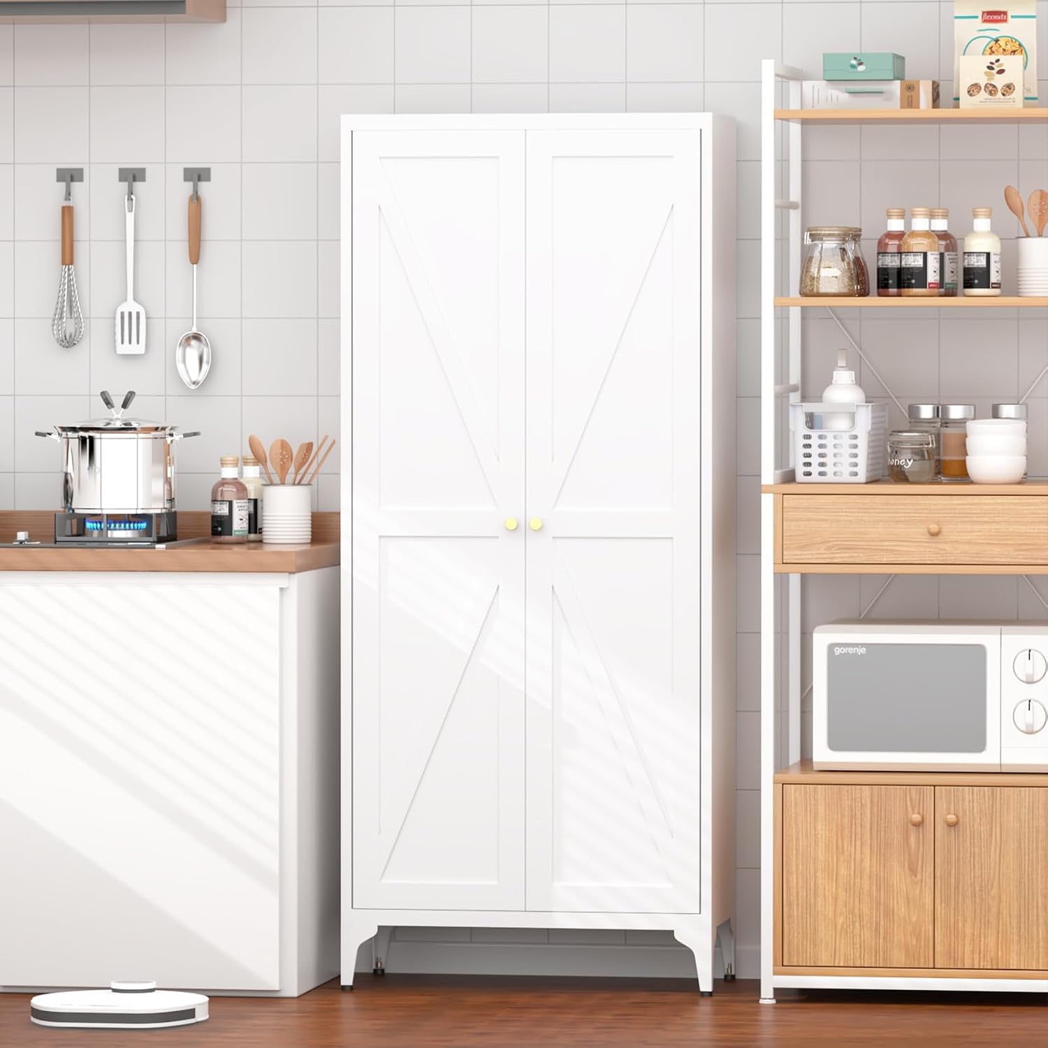 Metal 2 Doors Kitchen Pantry Cabinet with Adjustable Shelves 65 inch Tall Large Steel Cabinet Locker Utility Kitchen Cupboard for Living Room, Dining Room and Office (White)
