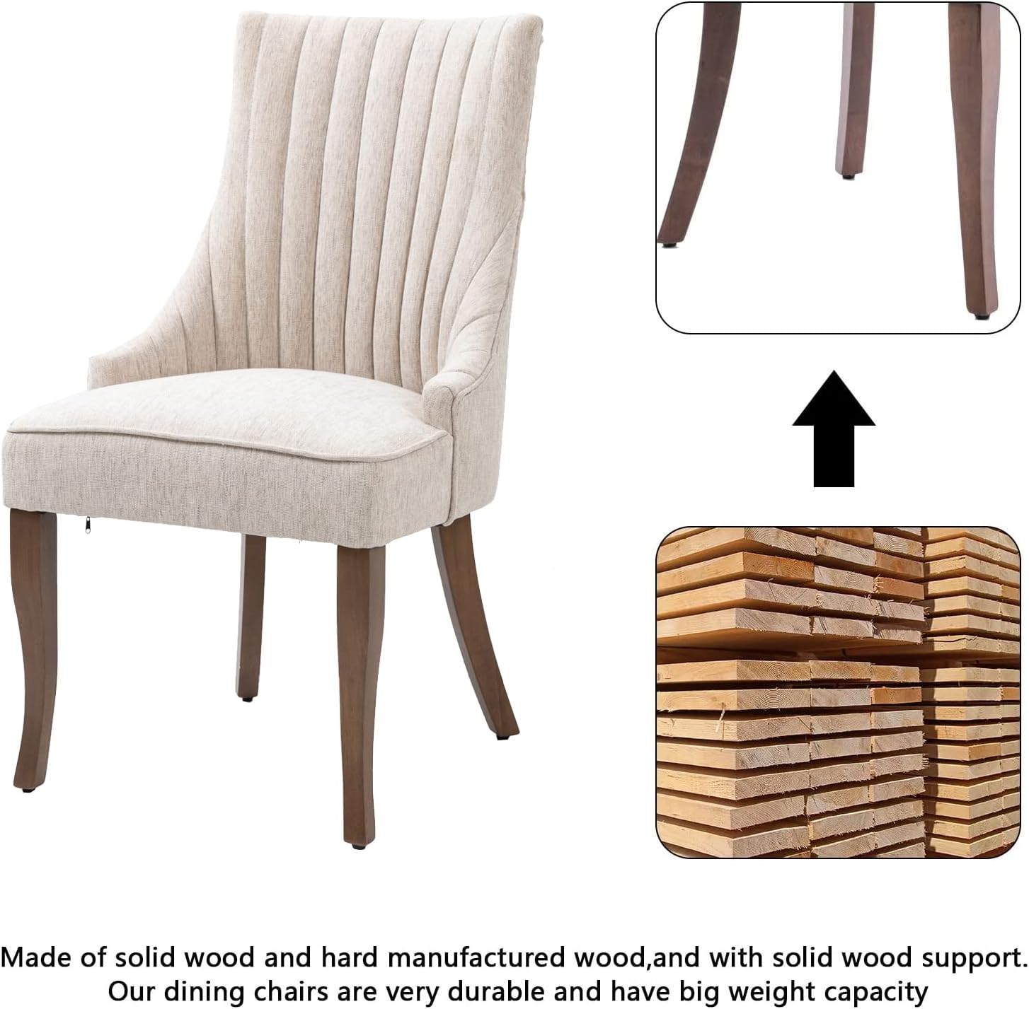 mikibama Linen Beige Dining Chairs Set of 2 Channel Tufted Kitchen Dinner Chair Comfy Fabric Upholstered Accent Chair for Dining Room with Solid Wood Legs