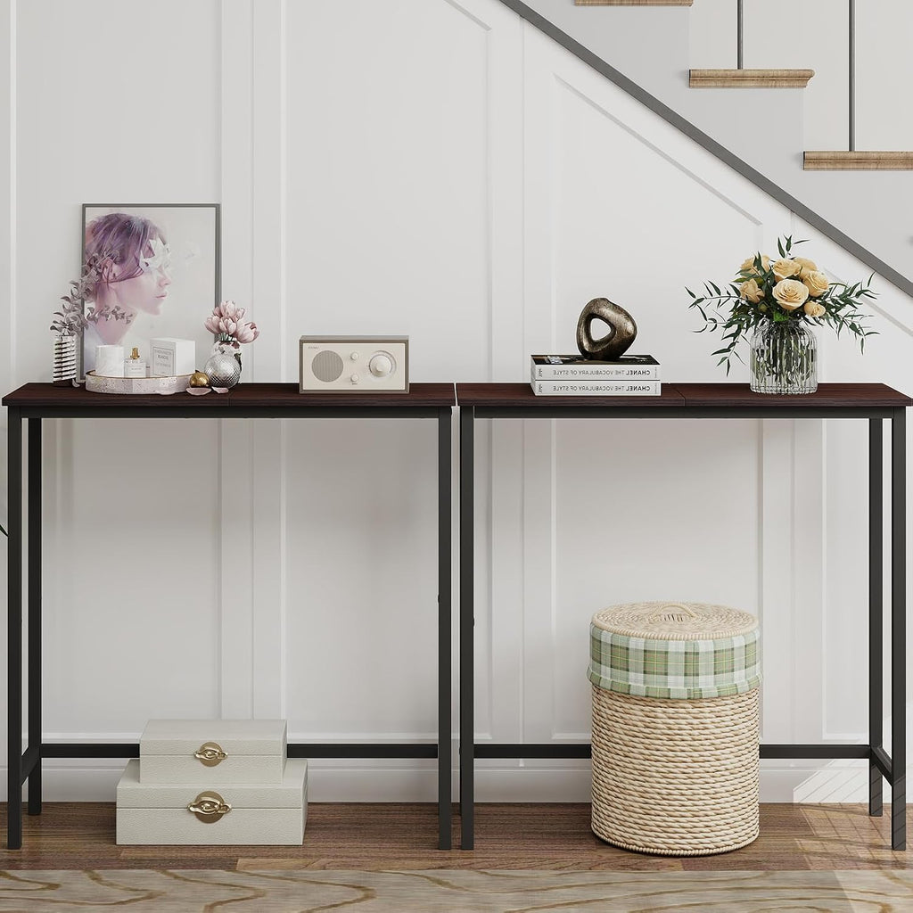 HollyHOME Narrow Console Table, 29.5" Slim Entryway Table, Sofa Stand, Hallway Shelf for Hallway, Bedroom, Living Room, Foyer, Dark Walnut