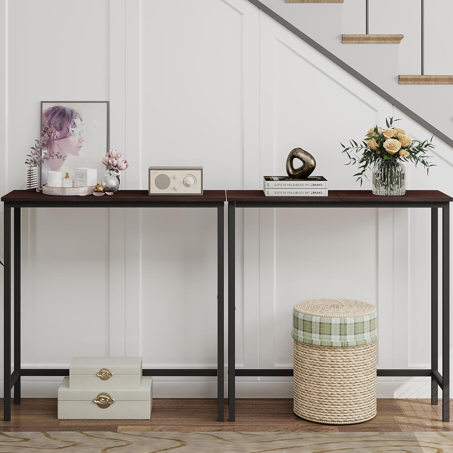HollyHOME Narrow Console Table, 29.5" Slim Entryway Table, Sofa Stand, Hallway Shelf for Hallway, Bedroom, Living Room, Foyer, Dark Walnut
