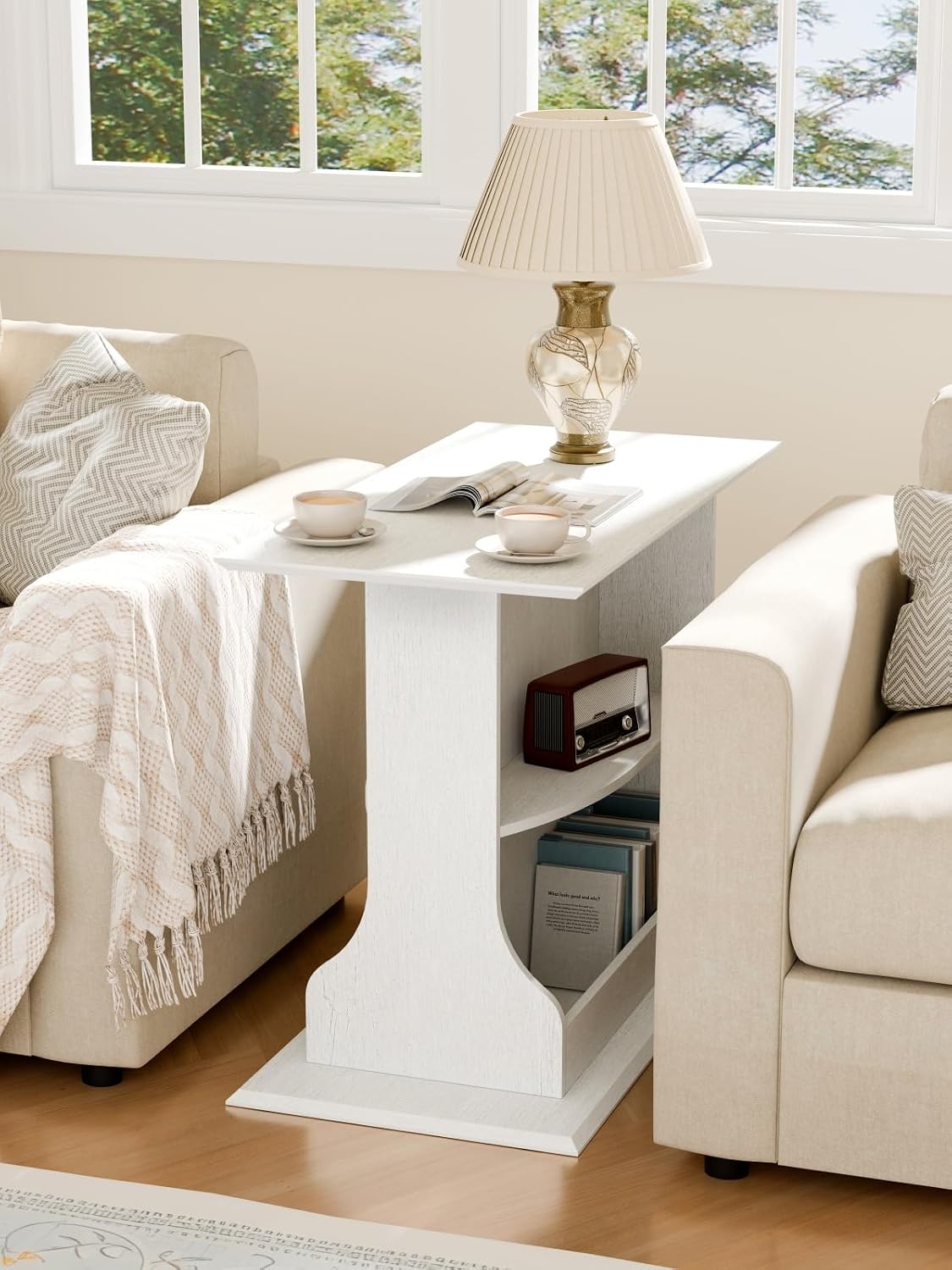 HIFYOBRO Skinny End Table for Small Spaces, 3-Tier Slim Nightstand with Double-Sided Storage, Rustic White Narrow Side Table for Living Room Bedroom Office, Easy Assembly