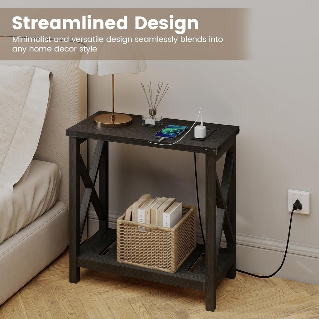Hadulcet Farmhouse Side Table with Charging Station - Narrow Bedside Table for Small Space, Slim End Table, Rustic X-Design Nightstand for Living Room, Bedroom, Classic Black
