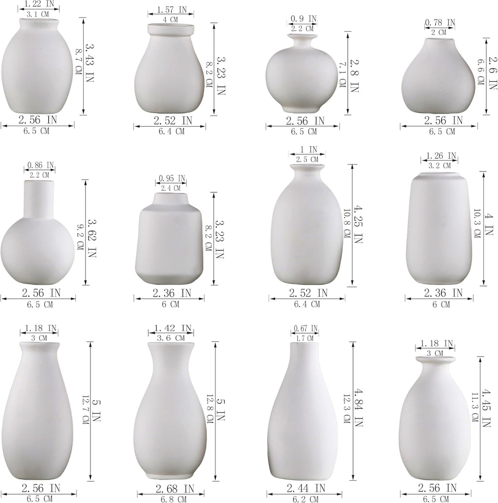 Ceramic Bud Vase Set of 12, White Small Vases | Mini single stem vases for flowers, wedding centerpieces, dining table, shelf display, modern decor accents