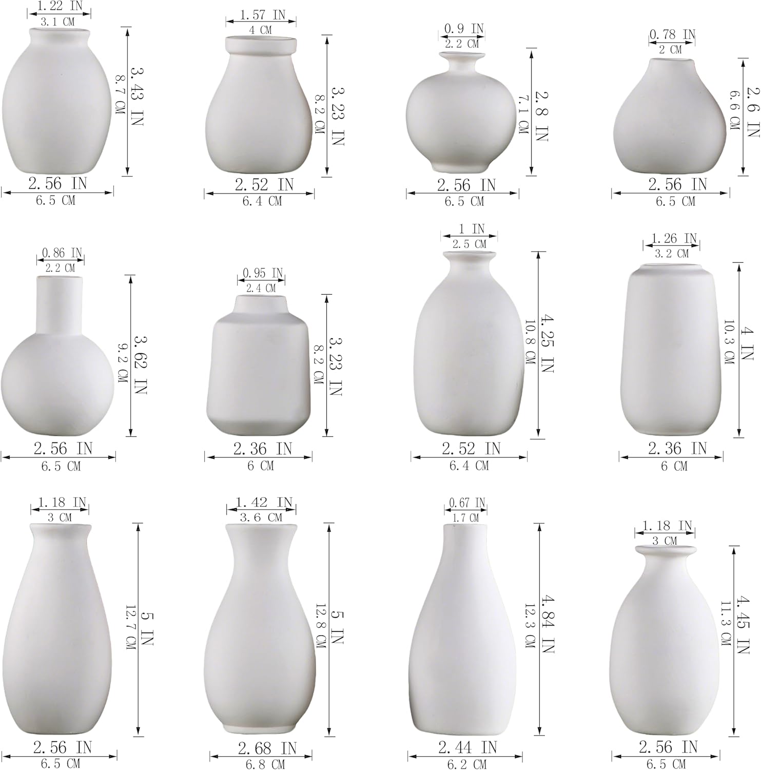 Ceramic Bud Vase Set of 12, White Small Vases | Mini single stem vases for flowers, wedding centerpieces, dining table, shelf display, modern decor accents