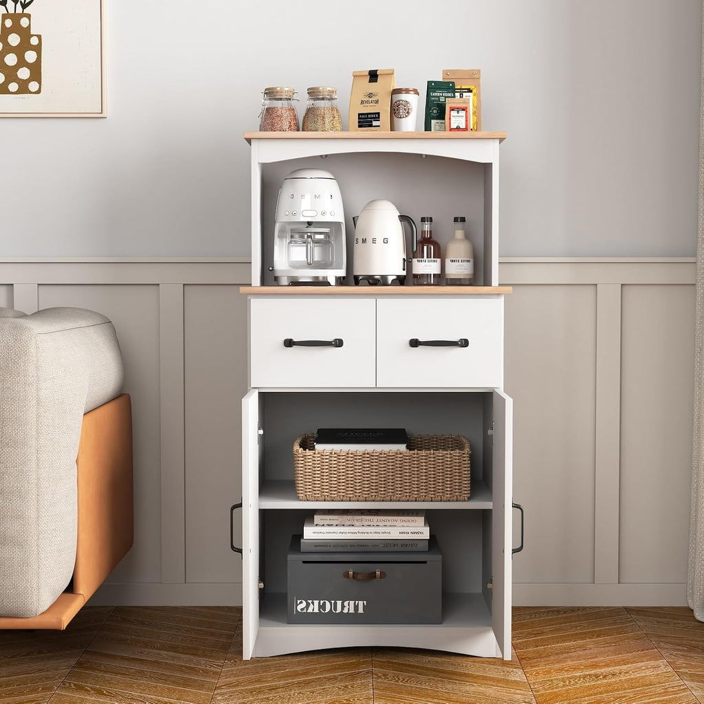 Spaco Microwave Cabinet with Storage,Modern Kitchen Pantry Storage Cabinet with 2 Drawers and Adjustable Shelf,Wood Microwave Stand for Kitchen,Dining Room.