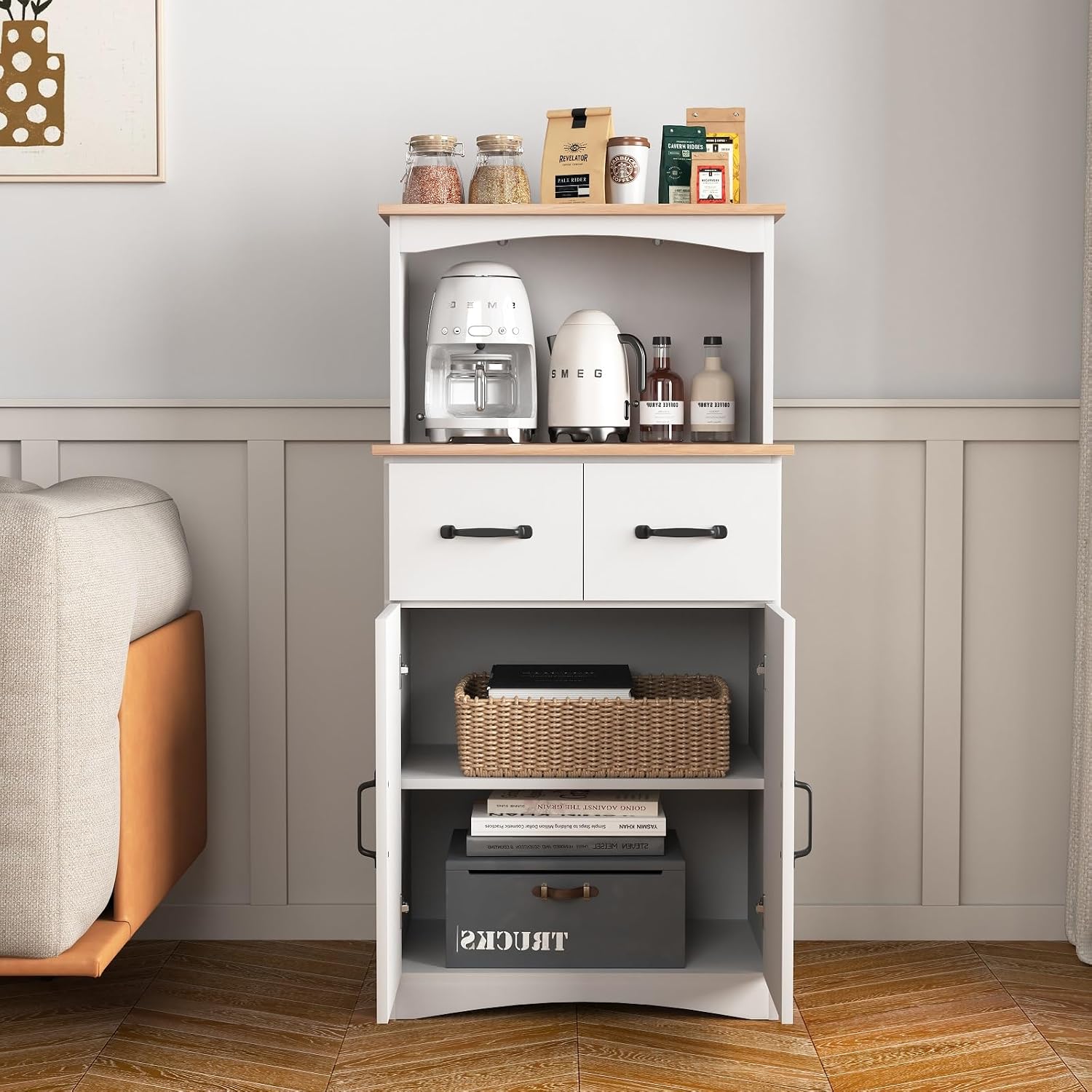 Spaco Microwave Cabinet with Storage,Modern Kitchen Pantry Storage Cabinet with 2 Drawers and Adjustable Shelf,Wood Microwave Stand for Kitchen,Dining Room.