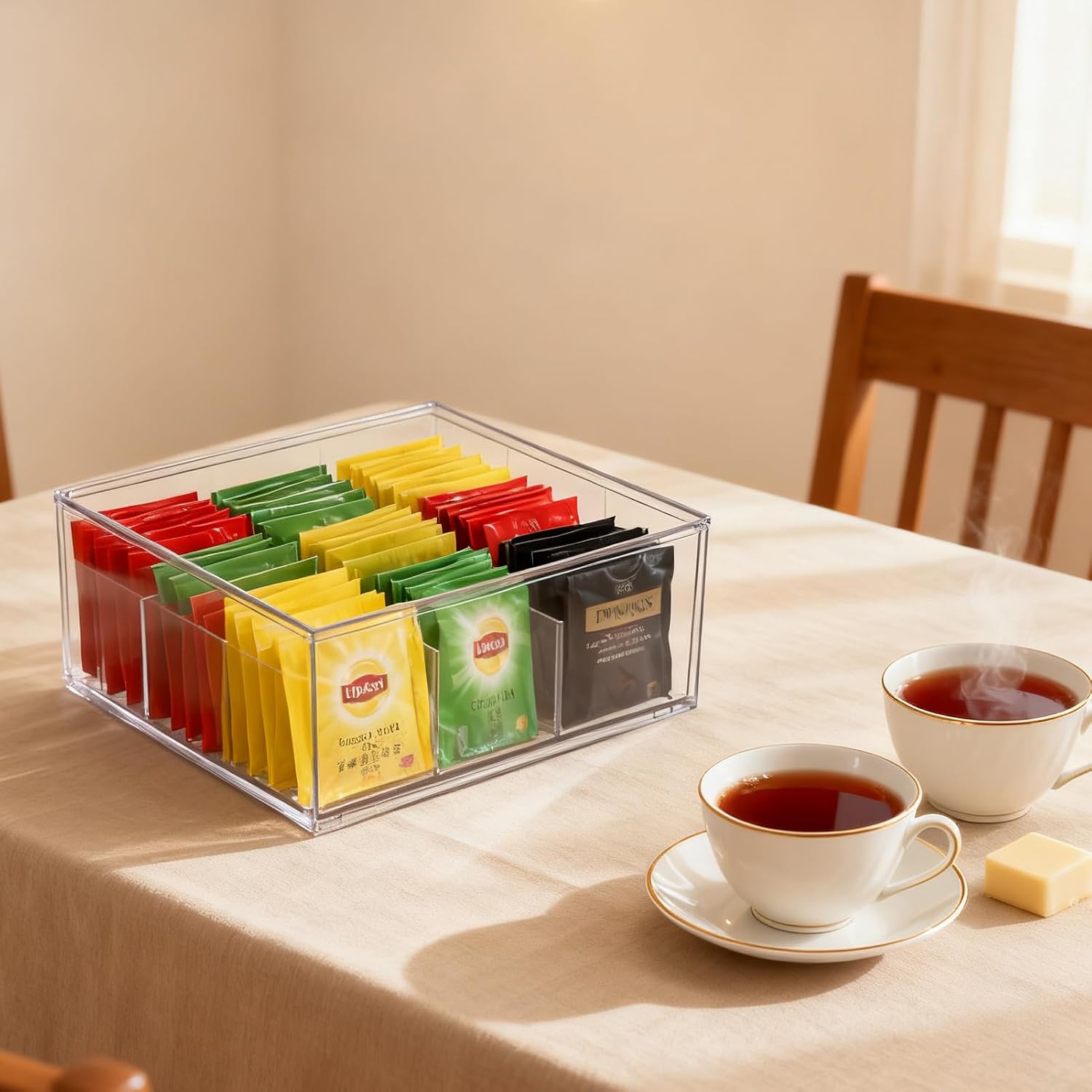 Rainmae Tea Bags Organizer Clear Acrylic Teabag Drawer Holder with 9 Compartments Stackable Tea Caddy Water Flavor Packet Storage Drawer for Counter, Countertop, Kitchen