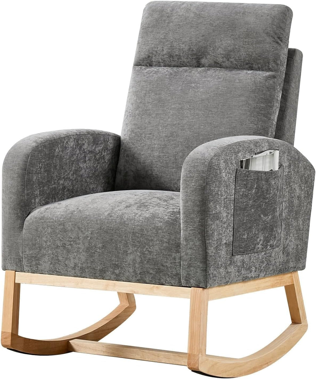 Nursery Rocking Chair, Comfy Modern Glider Rocking Chair with High Backrest and Armrest, Teddy Upholstered Rocking Accent Chair with Side Pockets for Living Room, Bedroom, Office,Dark Gray