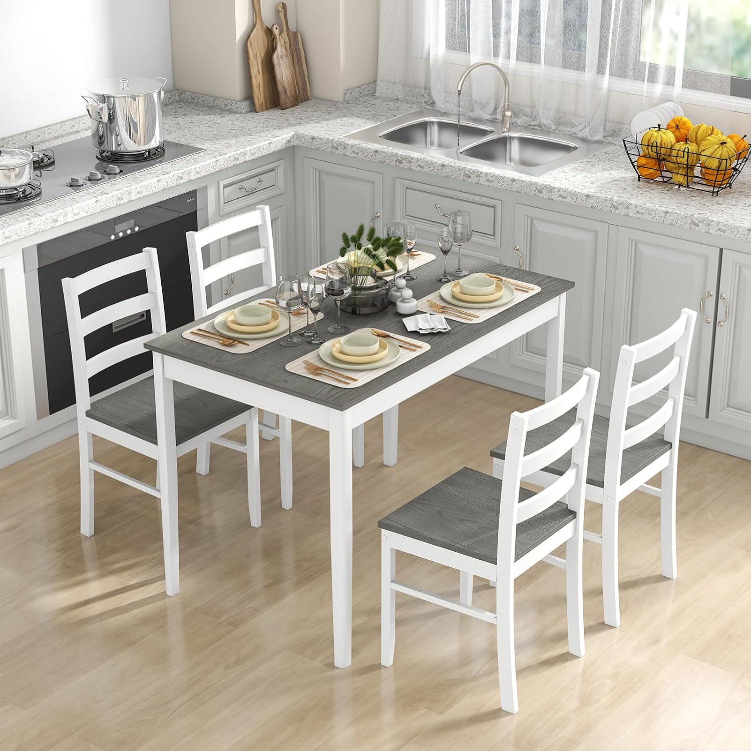 COSTWAY Dining Table Set for 4, 5-Piece Dinette Set with Rubber Wood Legs, Anti-Slip Pads & Space-Saving Design, Farmhouse Kitchen Table and Chairs for Kitchen, Apartment, Studio