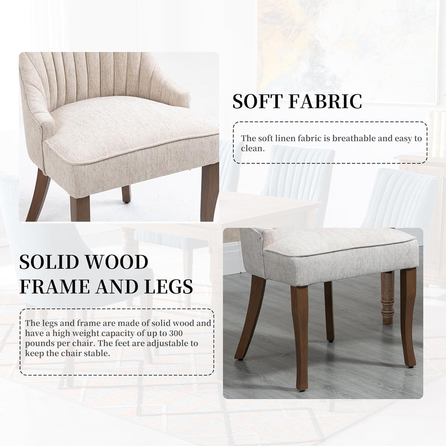 Linen Kitchen and Dining Chairs Set of 2, Channel Tufted Dining Room Chairs Comfy Fabric, Upholstered sillas for Dining Room with Solid Wood Legs