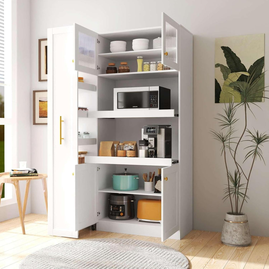 White Kitchen Pantry Cabinet with Pull-Out Multi-Tier Storage Shelf, Glass Doors, Multi-Purpose Modern Storage Cabinet for Kitchen, Dining Room, or Living Room, 70.87” H