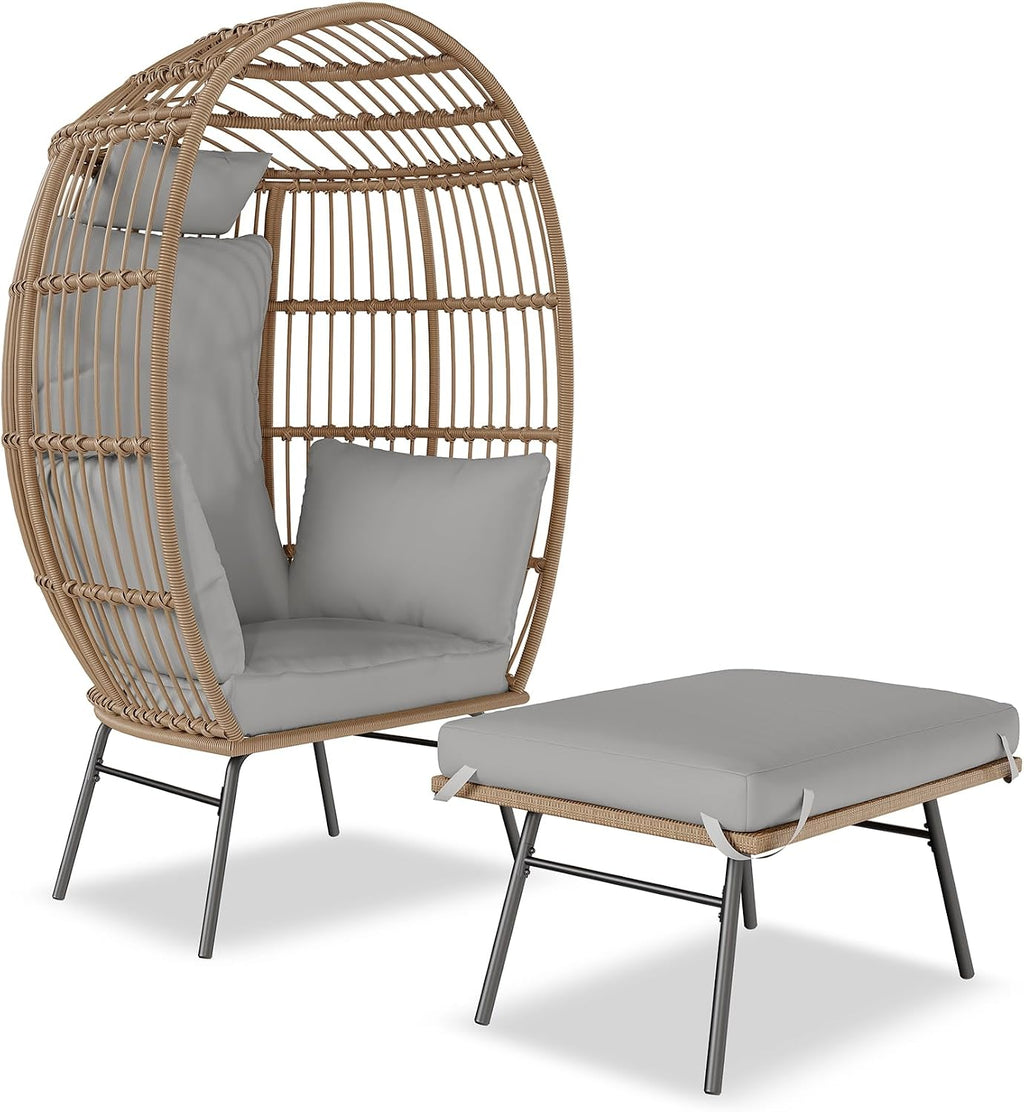 Wicker Egg Chair with Ottoman, Oversized Egg Shaped Lounge Chair with Thick Cushion, Comfy Rattan Seat for Indoor Outdoor Patio Porch Backyard, Grey