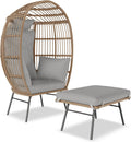 Wicker Egg Chair with Ottoman, Oversized Egg Shaped Lounge Chair with Thick Cushion, Comfy Rattan Seat for Indoor Outdoor Patio Porch Backyard, Grey