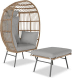 Wicker Egg Chair with Ottoman, Oversized Egg Shaped Lounge Chair with Thick Cushion, Comfy Rattan Seat for Indoor Outdoor Patio Porch Backyard, Grey