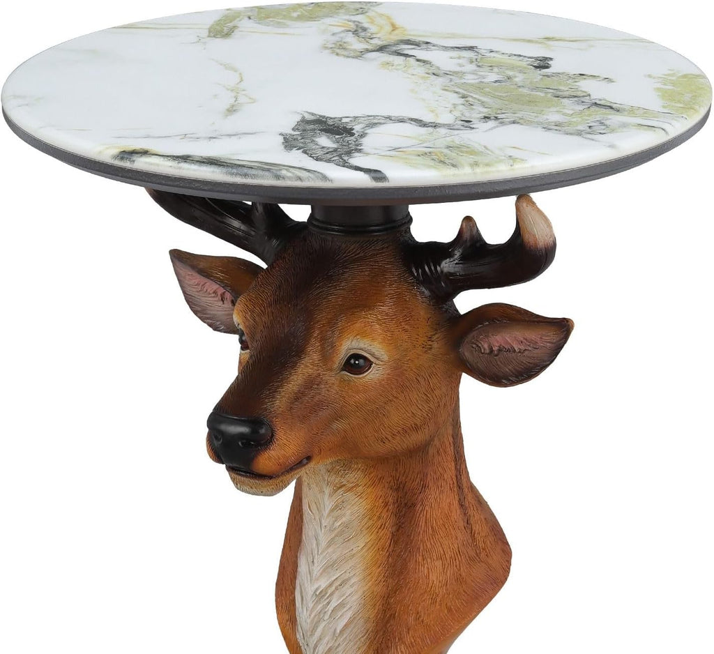 Deer Head Accent Table with Faux Marble Top, 25.59" Resin Animal Statue End Table for Living Room, Rustic Wildlife Side Table with Pedestal Base, Brown