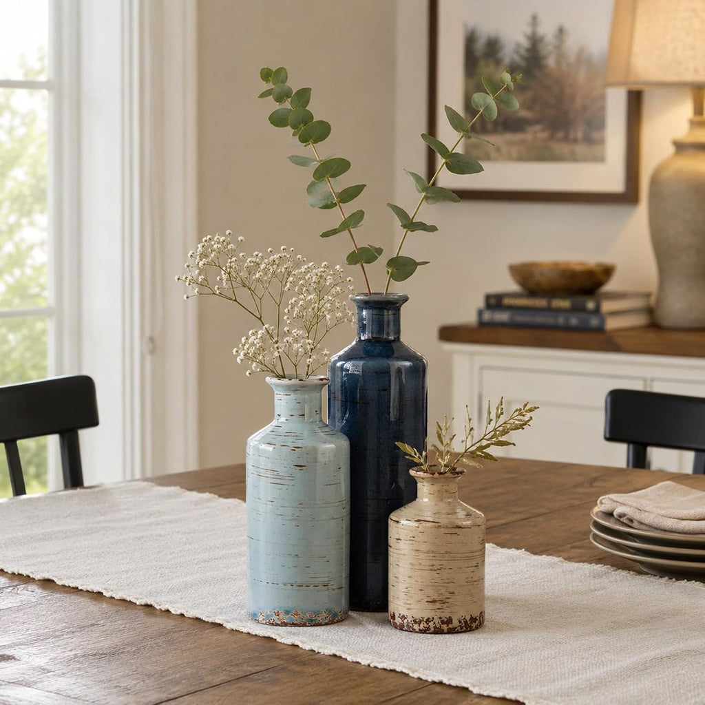 Blue and Beige Ceramic Vase Set of 3 – Rustic Distressed Glaze Pottery Vases, Small Vintage Flower Vases for Home Decor, Farmhouse, Modern Rustic, Shelf, Mantle, Table Centerpiece Decorations