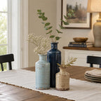Blue and Beige Ceramic Vase Set of 3 – Rustic Distressed Glaze Pottery Vases, Small Vintage Flower Vases for Home Decor, Farmhouse, Modern Rustic, Shelf, Mantle, Table Centerpiece Decorations
