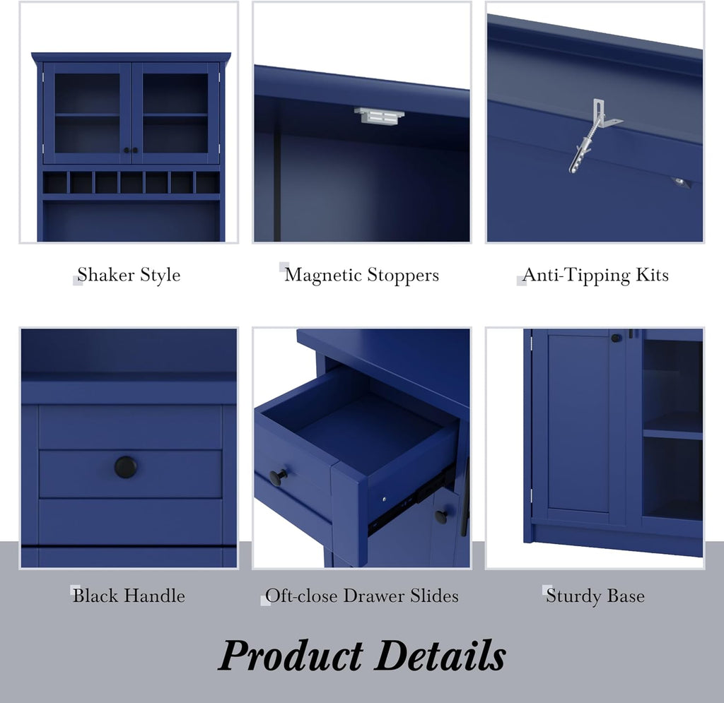Kitchen Pantry Storage Cabinet, Tall Freestanding Farmhouse Buffet with Hutch 74.8” Tall, Adjustable Shelves & Wine Rack Built in, Large Cupboard for Living Room, Dining Room, Blue