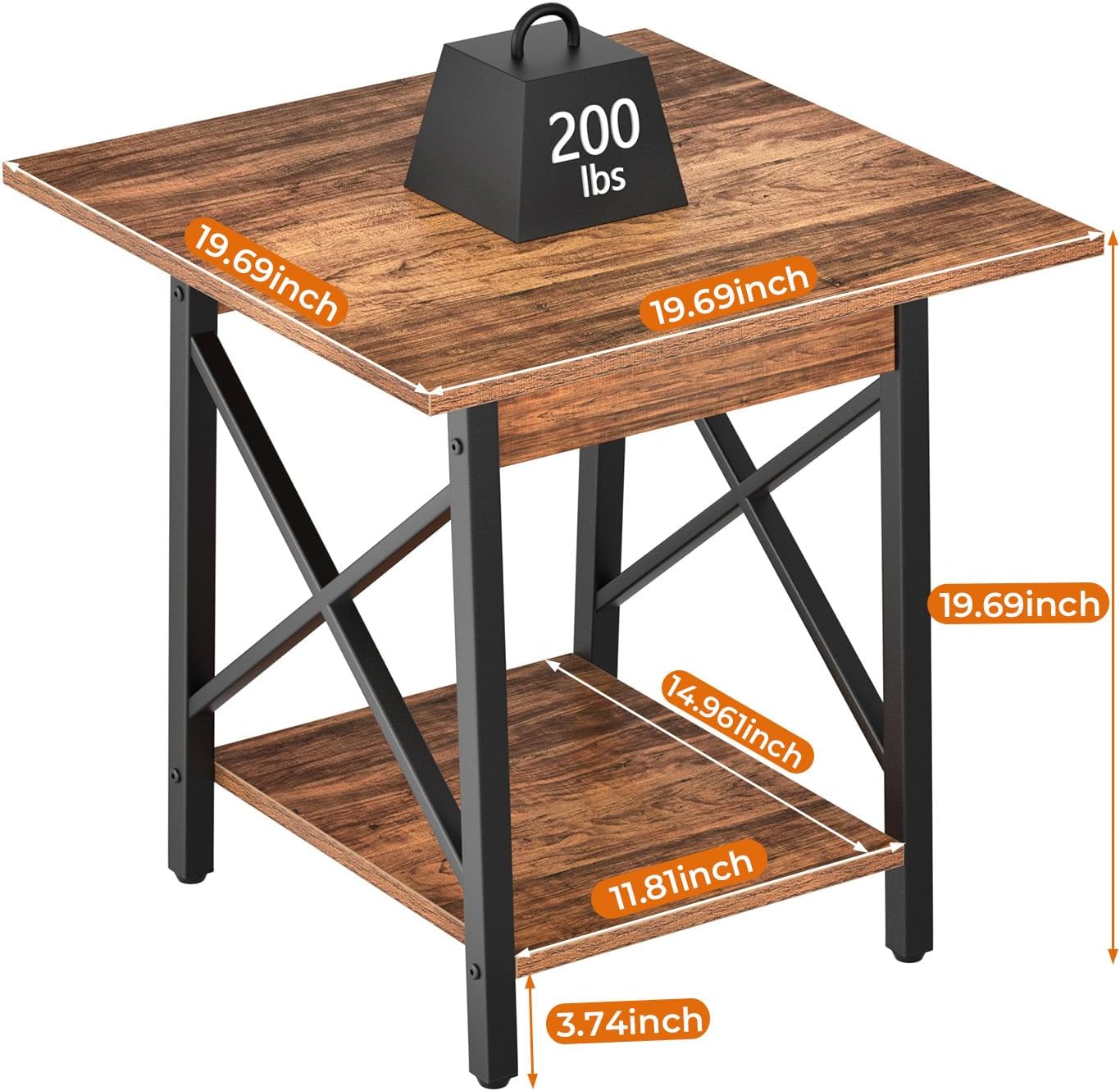GreenForest Square End Table for Living Room, 20 Inch Large Side Table with X-Frame, Farmhouse Tall Bedside Nightstand with 2-Tier Storage Shelf, Rustic Walnut