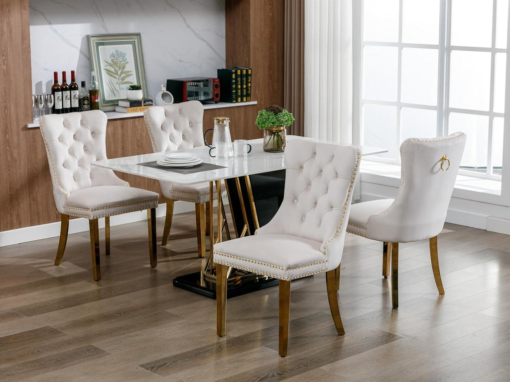 Velvet Dining Chairs Set of 6, Tufted Upholstered High Wingback Chairs with Nailhead Trim & Pull Ring, Golden Stainless Steel Legs for Dining Room, Sillas de Comedor, Beige