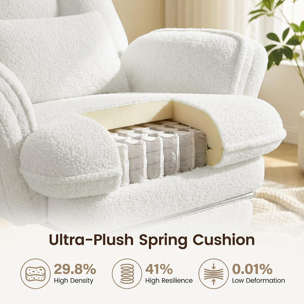 Criss Cross Office Chair with Flip Armrests, Big and Tall Criss Cross Chair with 6.7″ Plush Seat & Footrest, 135° Reclining Cross Legged Office Chair, Sherpa Fleece,White