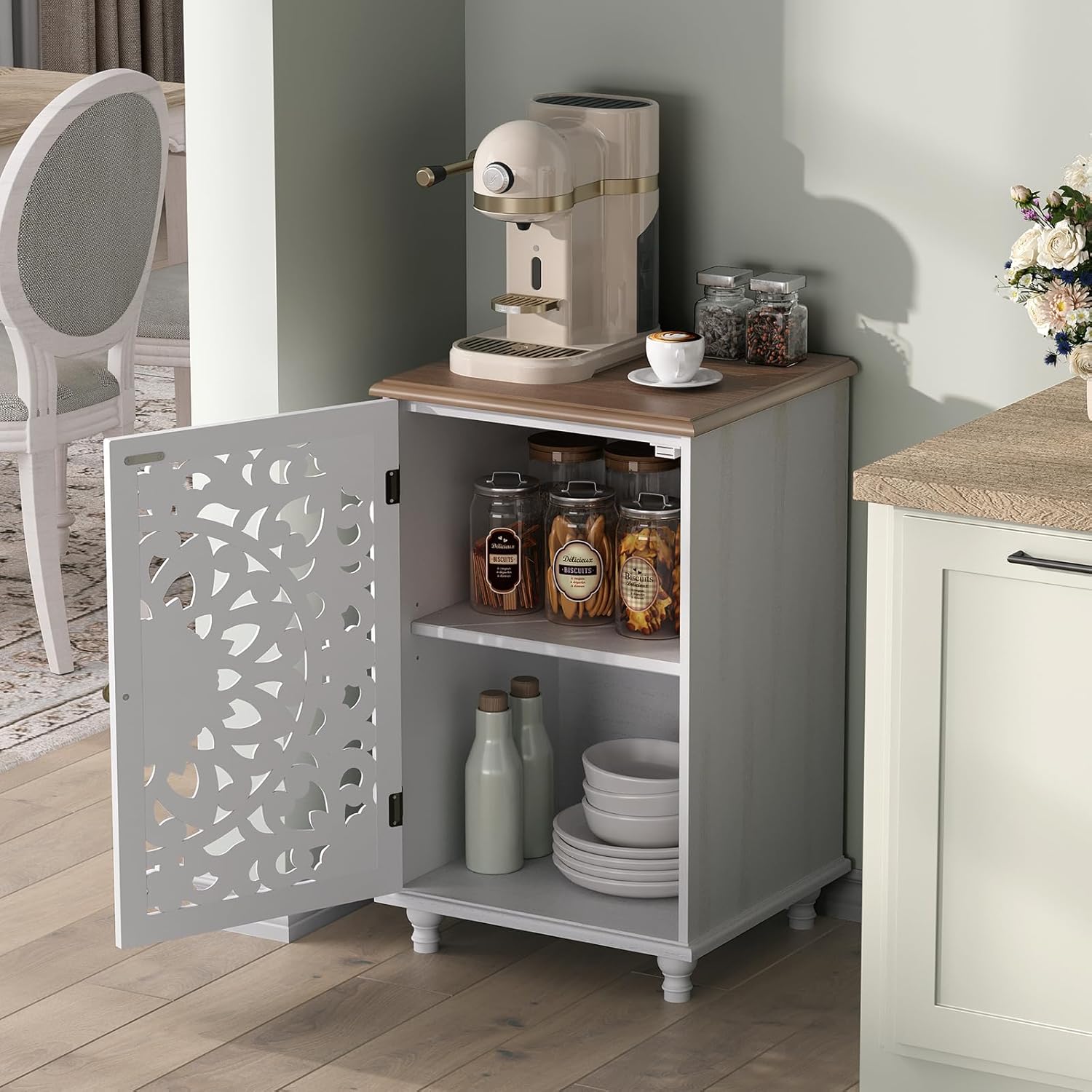 JOINICE Accent Storage Cabinet with Mandala Carved Doors,Small,White | Handcrafted Distressed Carvings,Vintage Floral Design for living room & office & bedroom,Solid Wood Legs,Adjustable Shelves