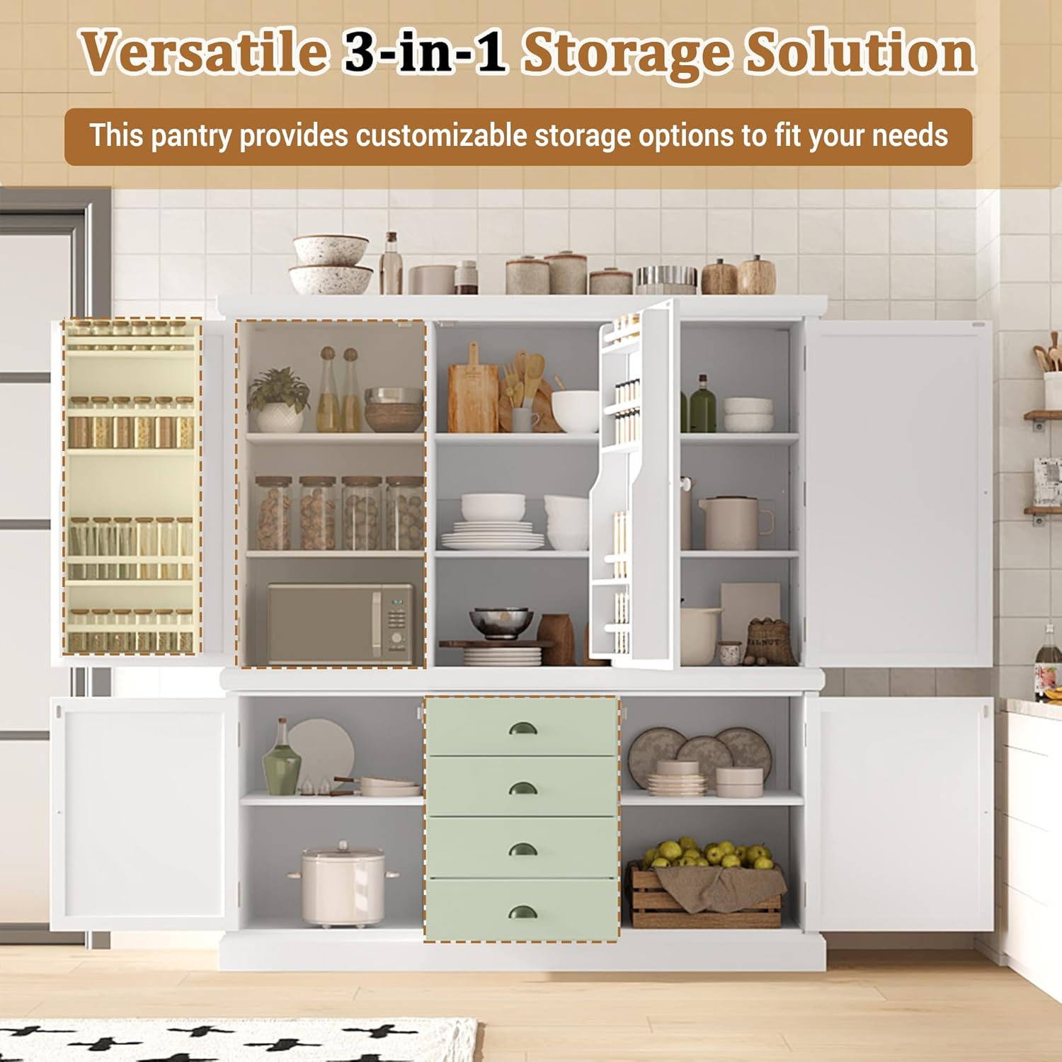 Freestanding Kitchen Pantry Organizers with Drawers, Wooden Cupboard with Door Shelves and Adjustable Shelves for Dining Room, Kitchen (White)