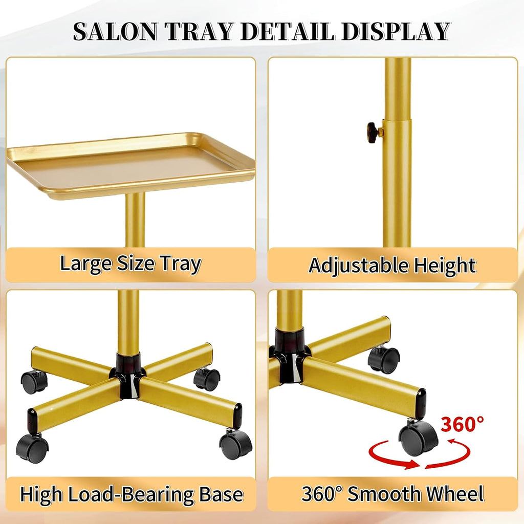Salon Tray on Wheels, Gold Salon Rolling Tray with Adjustable Height, Hair Stylist Tray, Metal Service Instrument Storage Tray for Salon&Home Use, Suitable for Tattoo Tray and Dental Tray