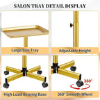 Salon Tray on Wheels, Gold Salon Rolling Tray with Adjustable Height, Hair Stylist Tray, Metal Service Instrument Storage Tray for Salon&Home Use, Suitable for Tattoo Tray and Dental Tray